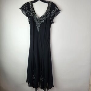 JKARA New York Black Beaded Chevron Chiffon Cocktail Dress Size 12 Art Deco Midi